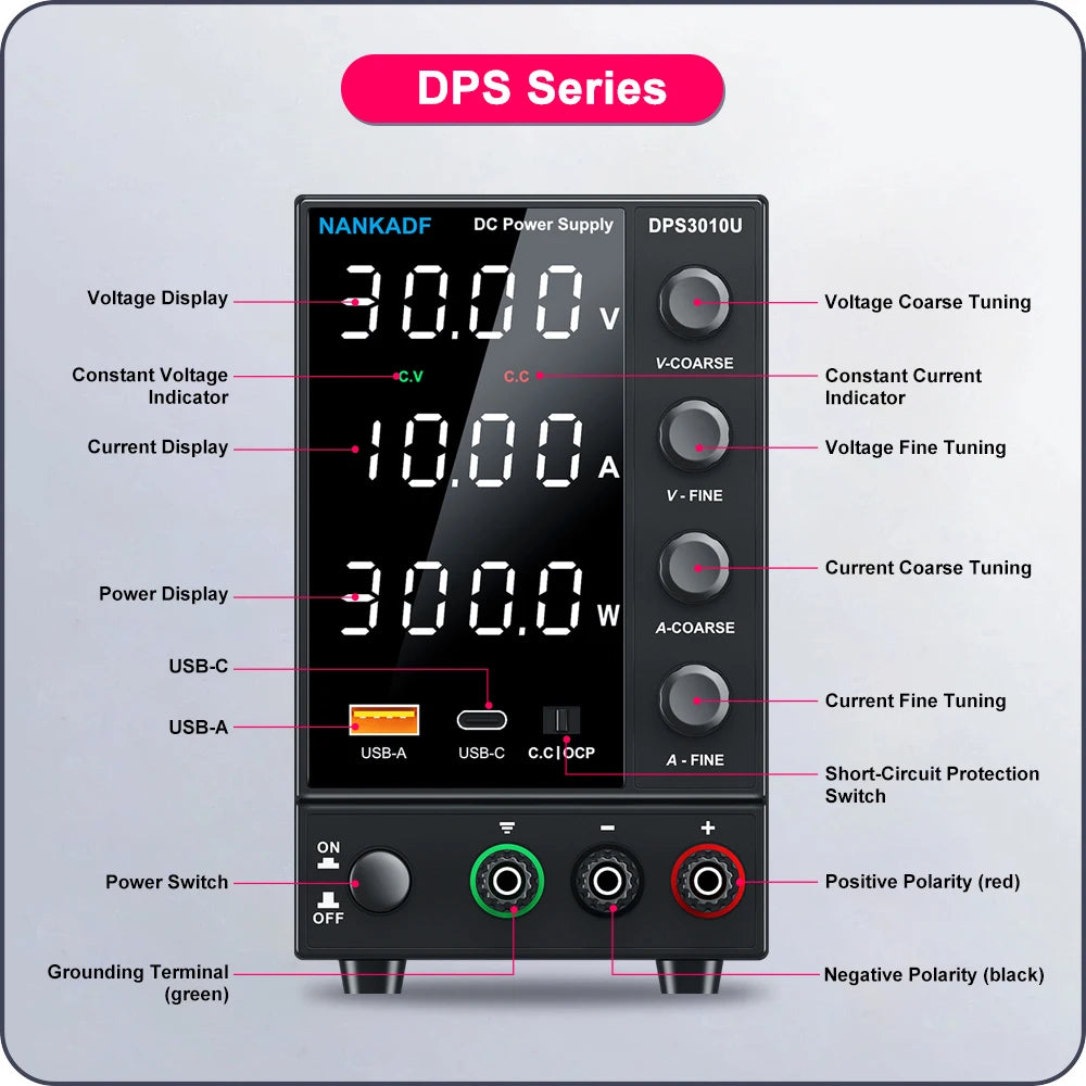 NANKADF Adjustable Switching DC Power Supply 30V 10A Lab Bench Power Supply 60V 5A Output Preset Current USB Fast Charge Display by MVEnergo