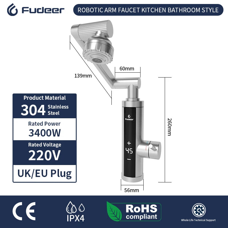 Fudeer 3400W 220V Electric Kitchen Water Heater Tap Instant Hot Stainless Steel Water Faucet Heater Cold Heating Faucet by MVEnergo