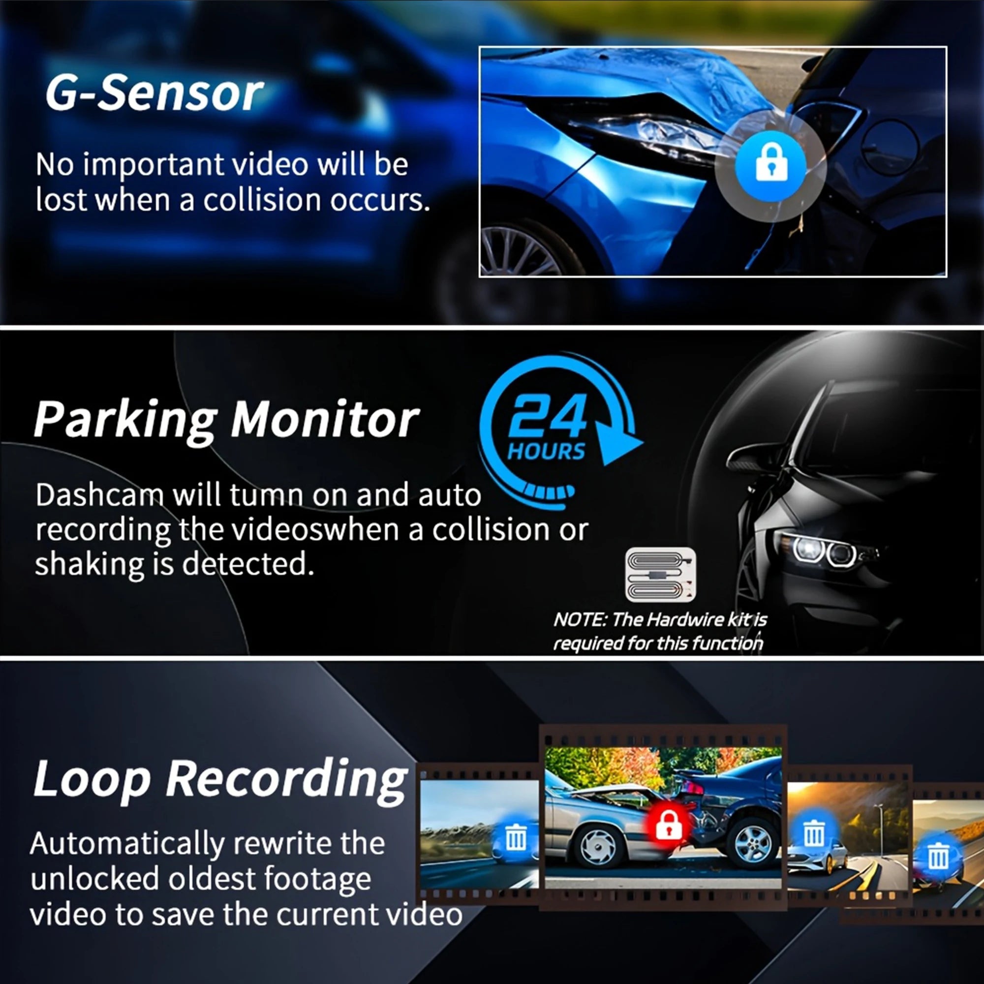 3 Cameraes Dash Cam 1080P Front and rear view camera Night Vision Parking Monit Car DVR 3way Car Video Recorder With Gift by MVEnergo