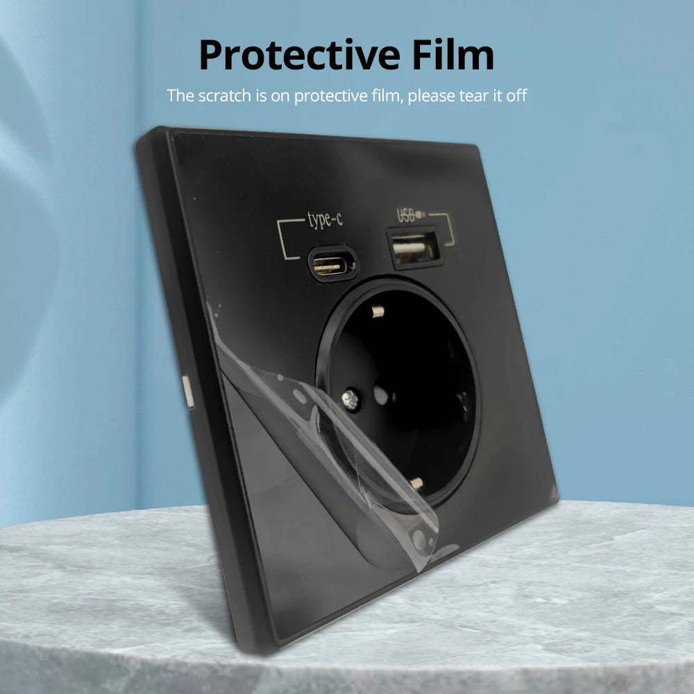 Type-C A Interface Outlet Acrylic Mirror Crystal Panel Black Wall EU Russia Spain French Socket With USB Charge 5V 2100mA Holder