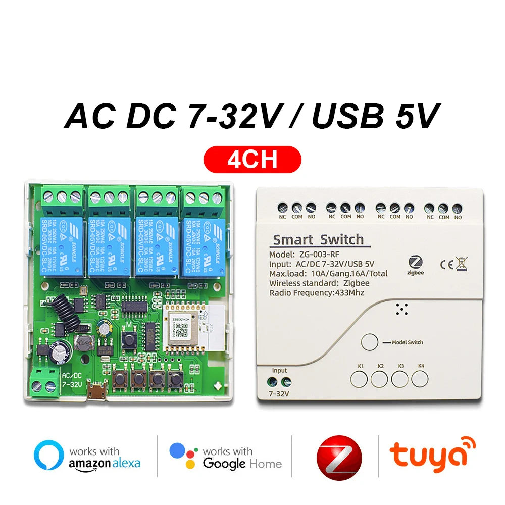 Tuya Zigbee 1 2 4 Gang Switch Relay Module Dc 12v 24v 110v 220v 230v Dry Contact 4CH Din Rail Controller Alexa Gateway Required by MVEnergo
