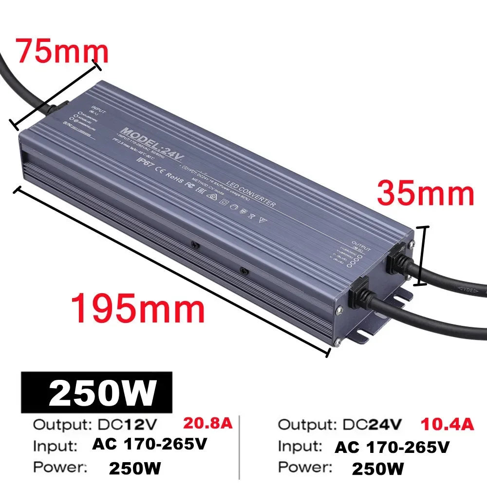 Lighting Transformer Waterproof Power Supply IP67 IP68 AC220V To DC 12V 24V LED Driver 100W 200W 300W 400W 500W Outdoor Adapter by MVEnergo