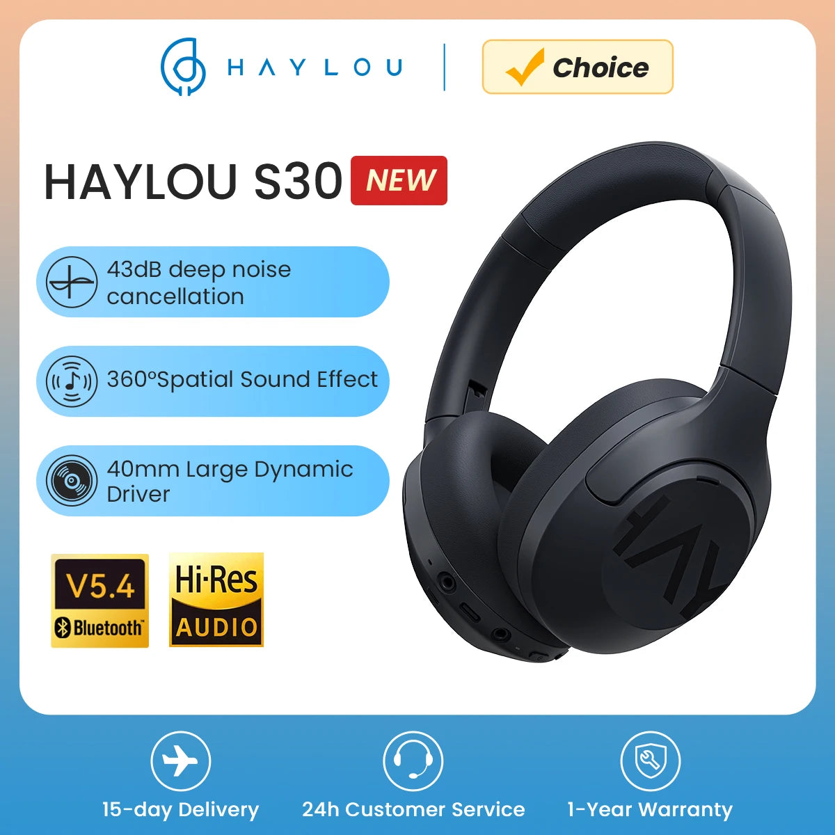HAYLOU S30 Wireless Bluetooth 5.4 Headphones 43dB Adaptive Noise Cancelling Headsets 40mm Driver 80H Playtime Earphones by MVEnergo
