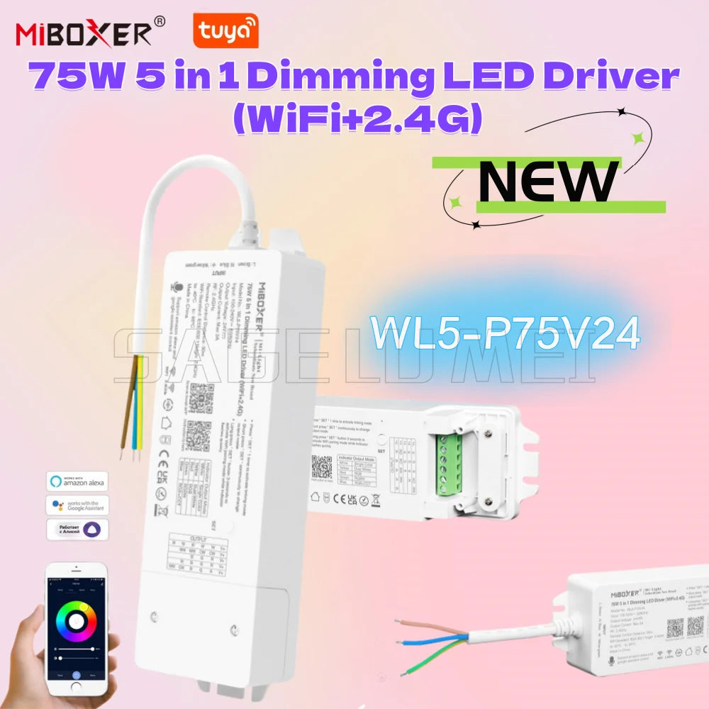 75W MiBoxer WL5-P75V24 5-in-1 Dimmer Tuya Smart 24V WiFi+2.4G Built-in Driver for Single/Dual White/RGB/RGBW/RGBCCT LED Strips