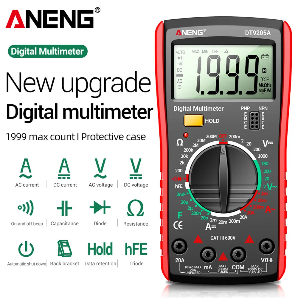 ANENG DT9205A Multimeter 1999 Counts Digital True RMS Professional AC/DC Current Tester hFE Ohm Capacitor Voltage Meter Detector by MVEnergo