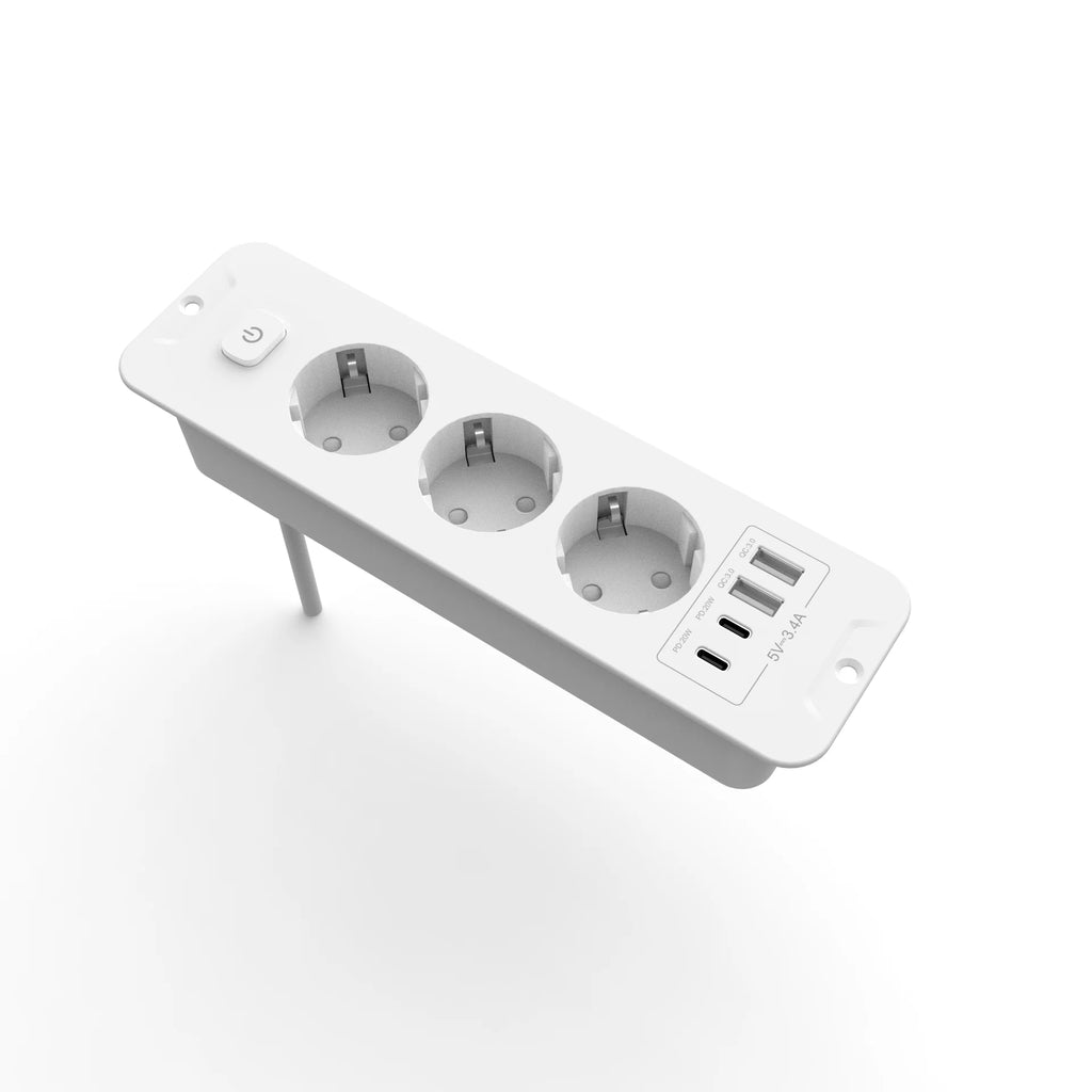 EU Built in Power Strip Desktop Recessed Socket with 2 USB 2 Type C Fast charge, Multi-Contact Outlet with 2M Extension Cable by MVEnergo