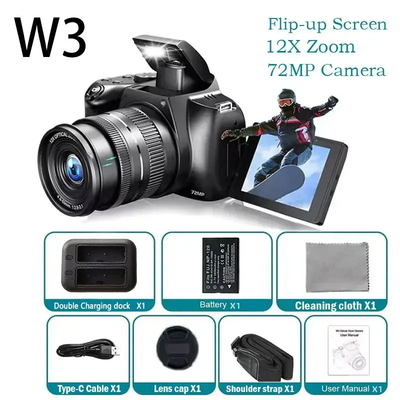 4K DSLR Digital Camera 3-Inch 72MP Photography Camera with 12X Optical Zoom 180° Flip Screen Autofocus for Ins YouTube Webcast by MVEnergo