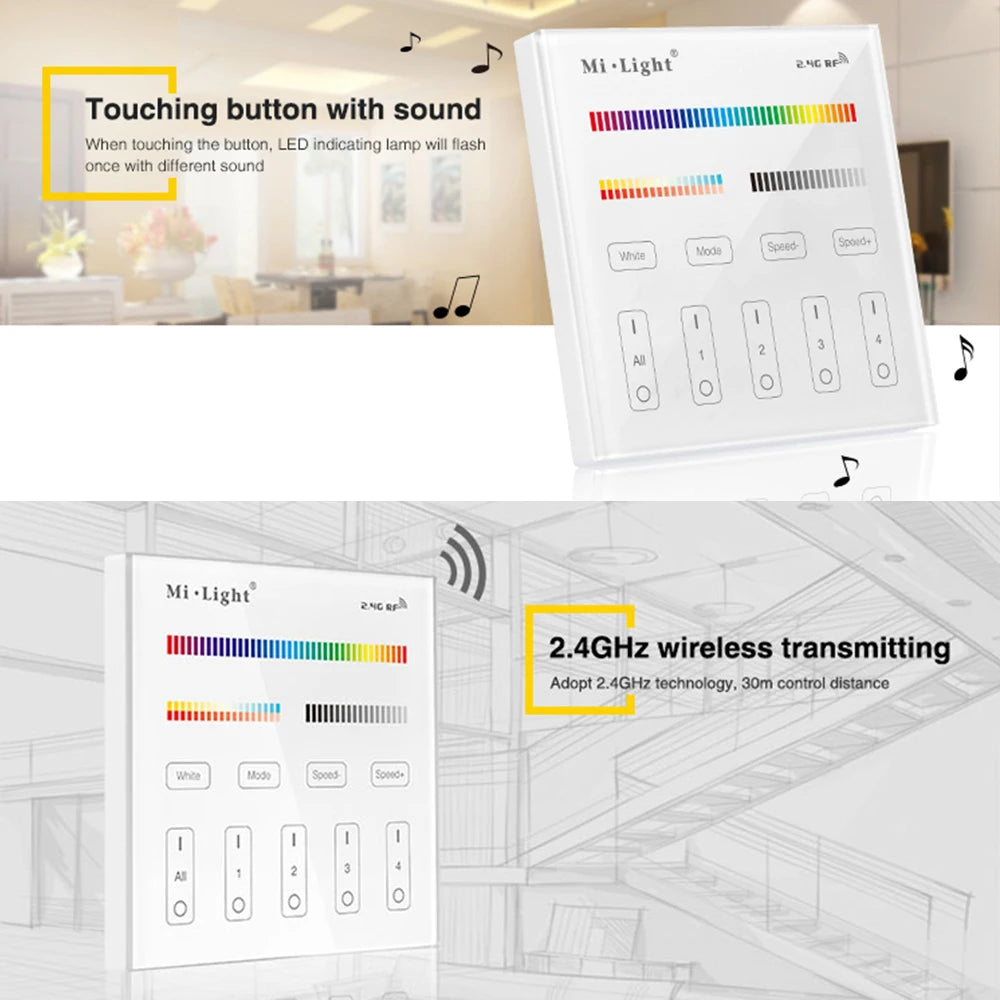 MiBoxer T4 AC100-240V 4-Zone 2.4GHz 86Touch RGB+CCT Panel Remote Switch Brightness adjustable Controller For LED Lamp/Strip/FCOB