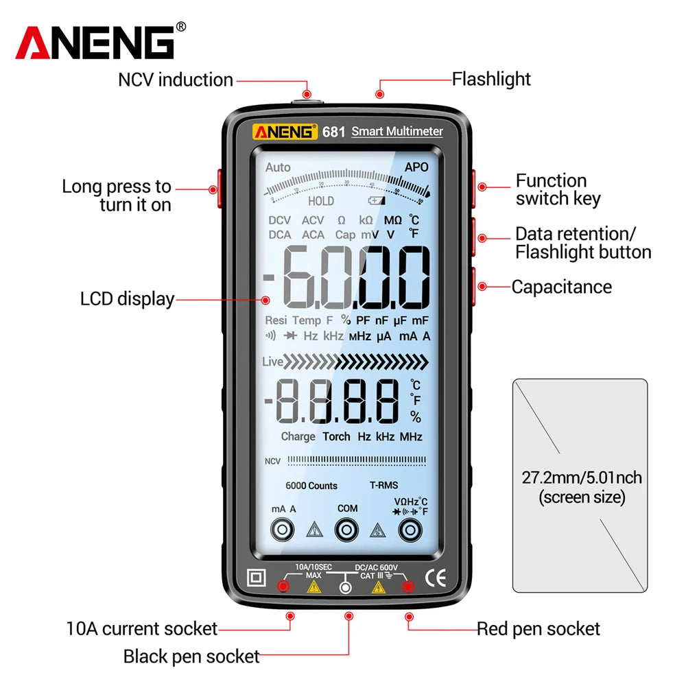 ANENG 681 Rechargable Digital Professional Multimeter Non-contact Voltage Tester AC/DC Voltage Meter LCD Screen Current Tester by MVEnergo
