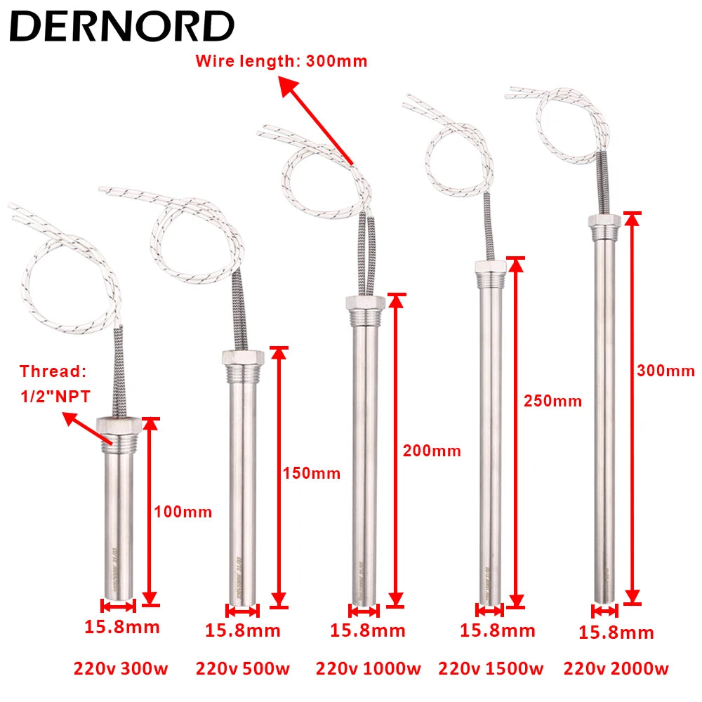 Immersion Cartridge Heater 1/2" Thread Cylindrical Hot Rod Resistance 220V 300W 500W 1/1.5/2KW Electric Water Heating Element by MVEnergo