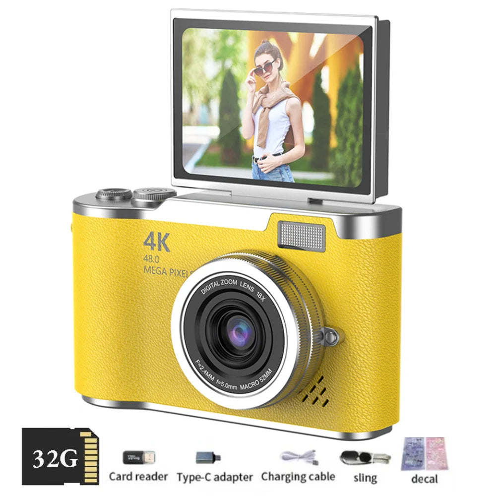 4K Digital Camera CCD 180° Flip Screen Selfie Camera 8X Digital Zoom 48MP Portable Digital Photography Camera with 32G Card by MVEnergo