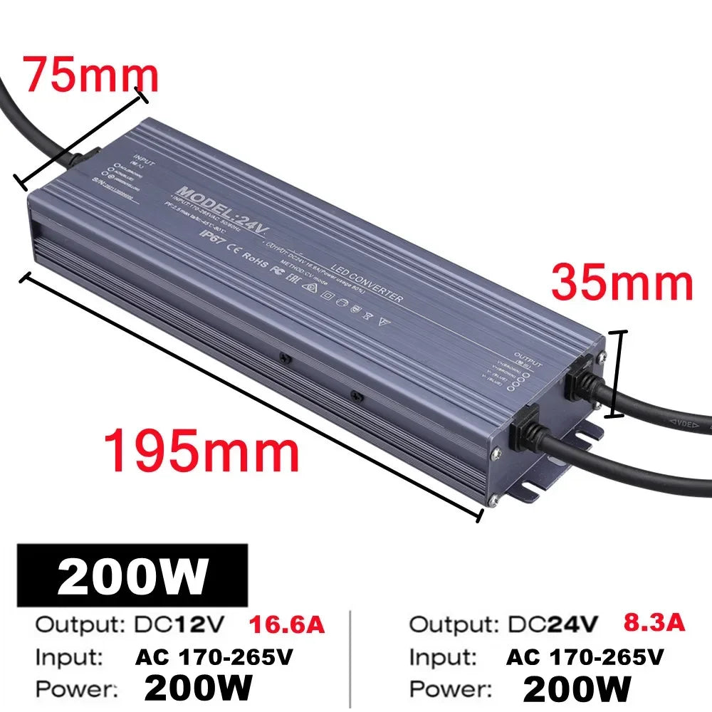 Lighting Transformer Waterproof Power Supply IP67 IP68 AC220V To DC 12V 24V LED Driver 100W 200W 300W 400W 500W Outdoor Adapter by MVEnergo