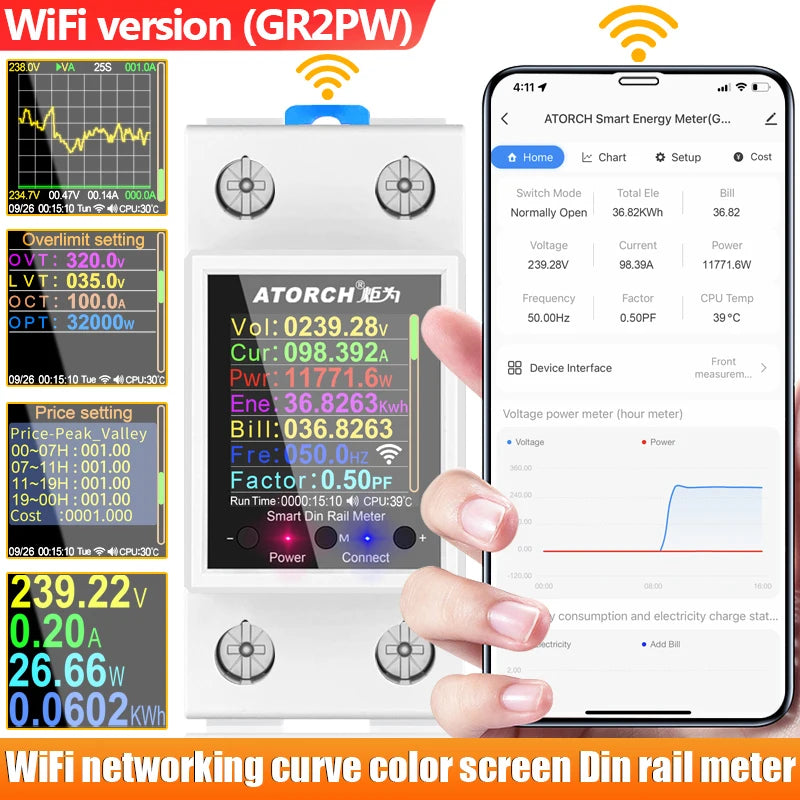 100A Tuya WiFi Din Rail Power Energy Meter AC50-320V Smart Electricity Meter Digital Display Monitor Voltage Curve Ammeter GR2PW