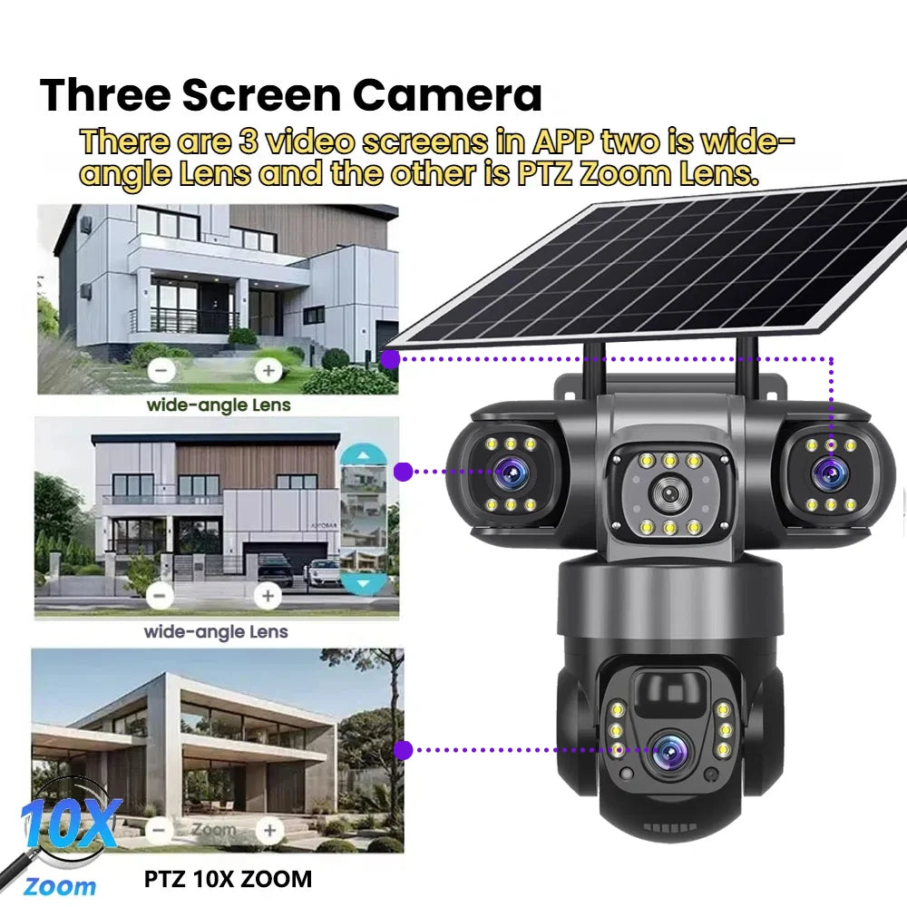 Solar Camera 4G Sim Outdoor 3 Lens 3 Screen 10X Zoom PIR Human Detect Cameras Waterproof Night Vision CCTV Security Protection by MVEnergo