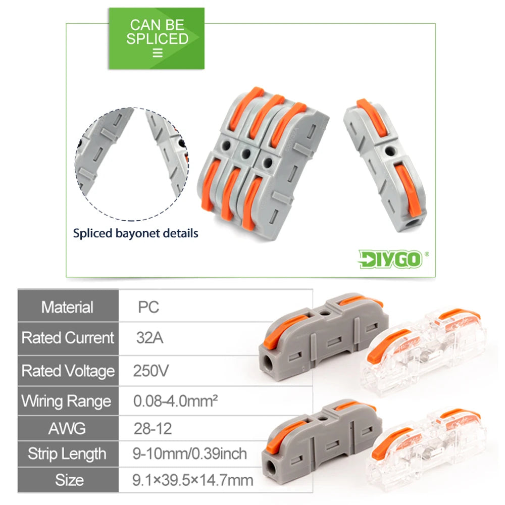Lever Wiring Connector Fast Compact Splicing Electrical Connector Butt Terminal 1 to 1 Inline Wire Connector Connect 28-12 AWG