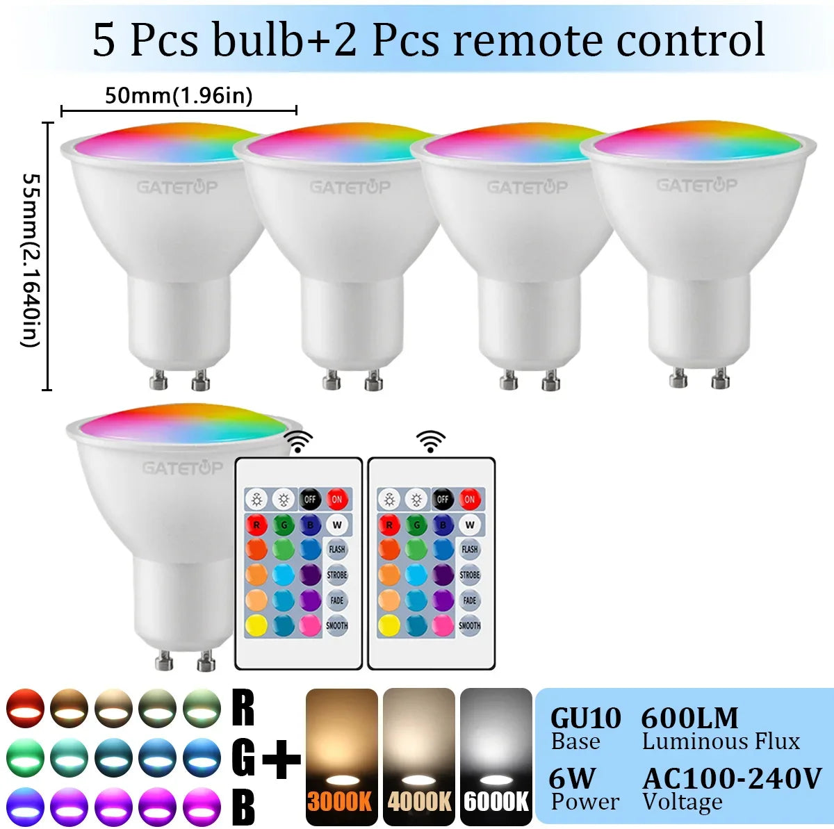 1-10PCS RGB GU10 LED Spotlight Bulb 24 Key Remote Control Dimmable 6W AC220V 110V Colorful Change for Bedroom Living Room Lamp