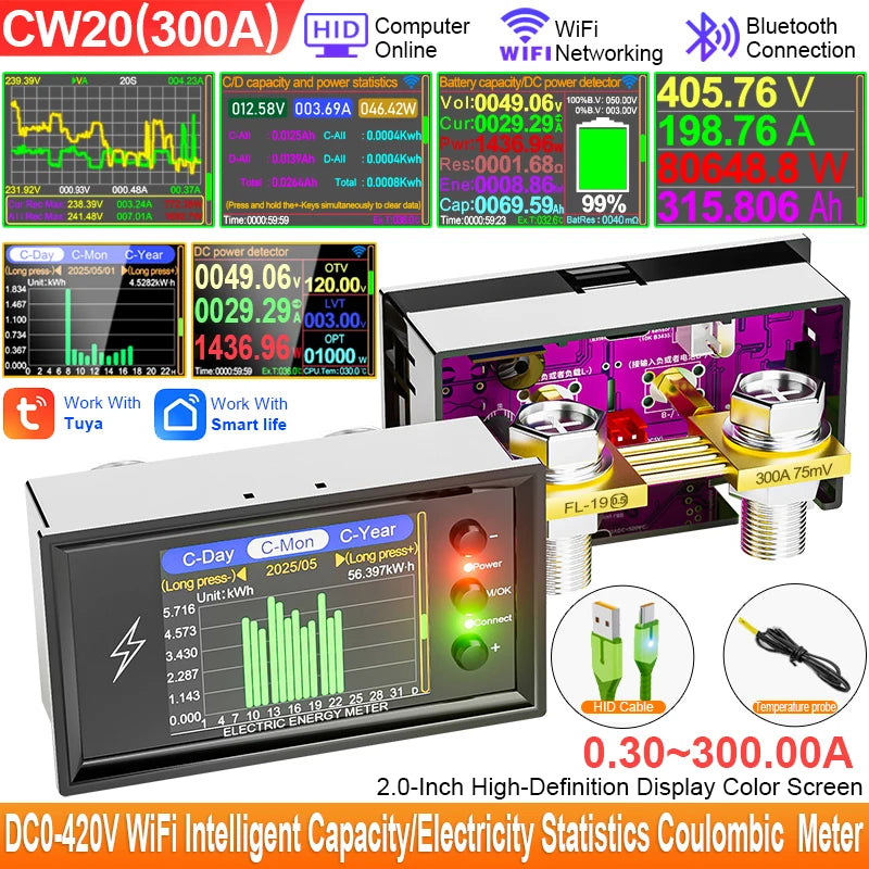 CW20 DC0-420V WiFi Tuya Smart Digital Lithium Battery Capacity Detection Tester DC Display  Voltage Current Power Coulomb Meter