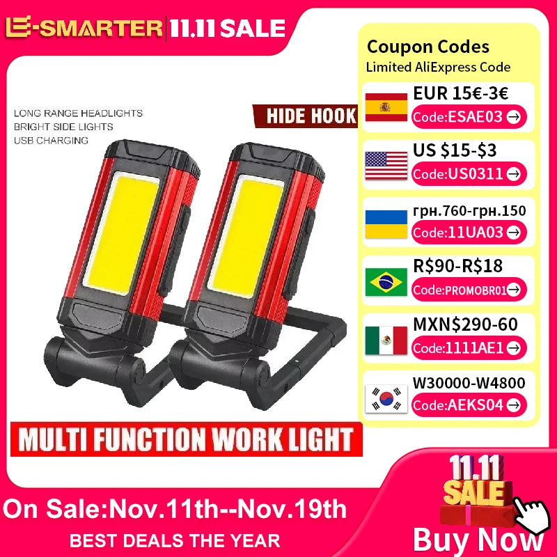 1/2/4PCS Magnetic COB Work Light USB Rechargeable LED Flashlight Portable Lantern Camping Light Type-C Power Bank Function Lamp by MVEnergo