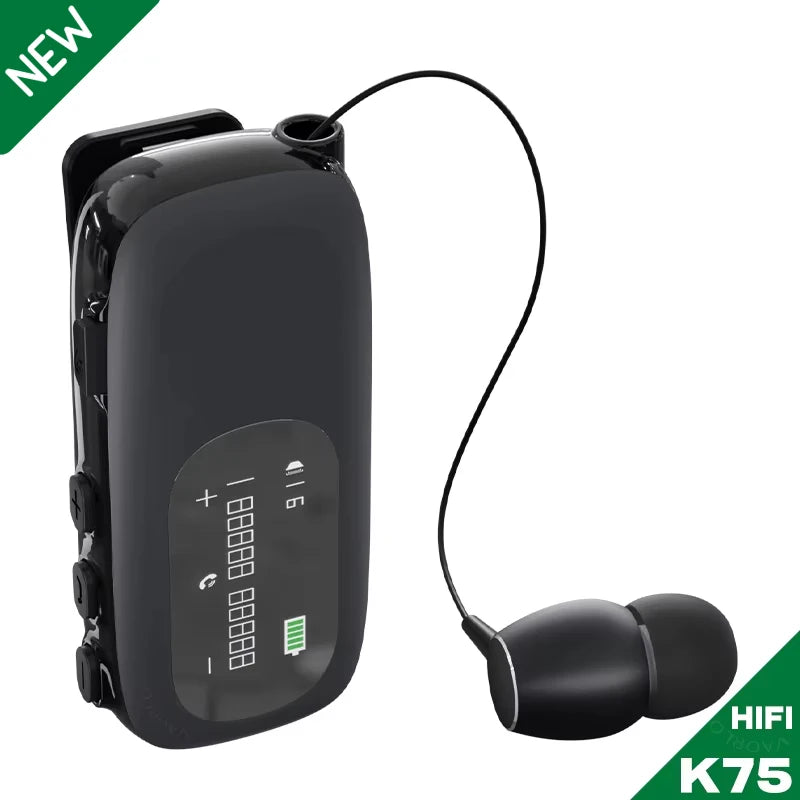 K75 Lavalier Business Bluetooth 5.4 Earphone Talk/Music 20H With Mic Noice Cancelling One-Click Photo LCD HIFI Wireless Headset by MVEnergo