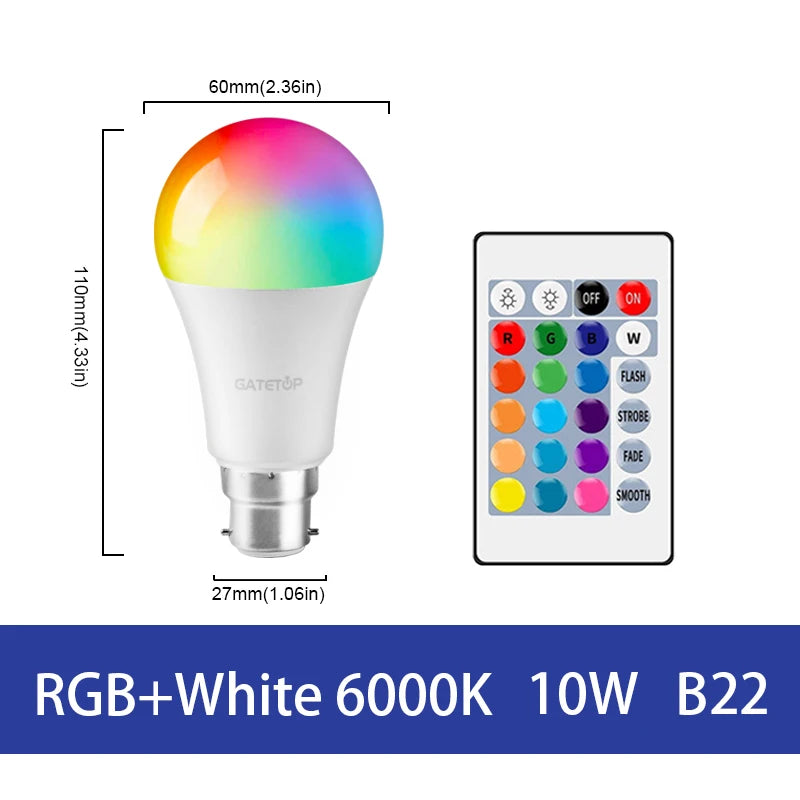 LED RGB Lamp Spotlight Bulb AC220-240V Bombillas LED E27 E14 GU10 B22 6W 10W IR Remote Control Led Smart RGBW Lamp Home Decor by MVEnergo