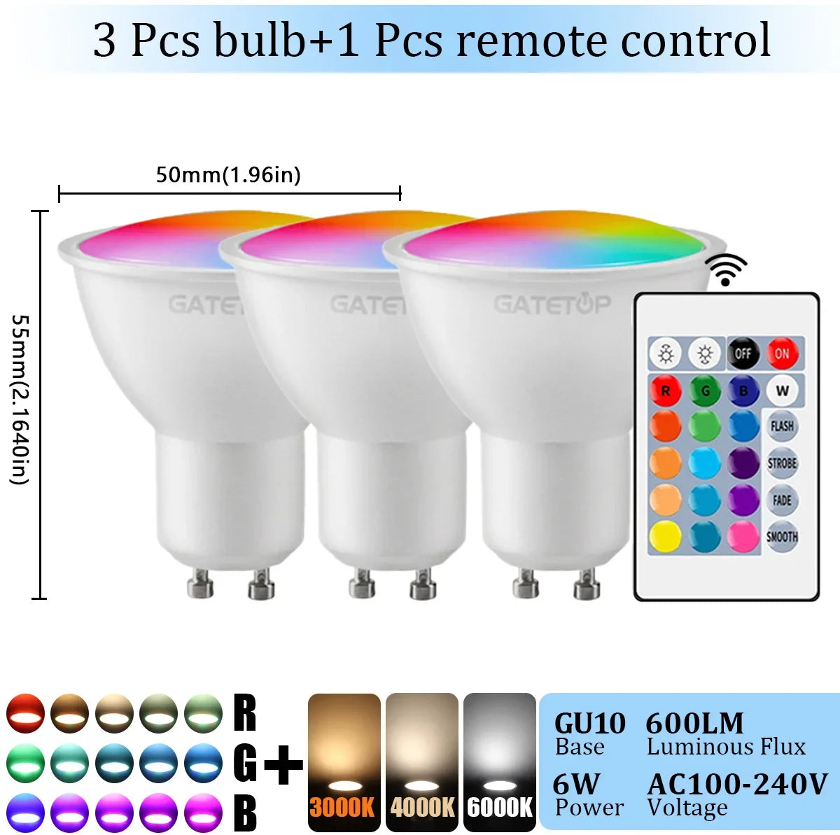 1-10PCS RGB GU10 LED Spotlight Bulb 24 Key Remote Control Dimmable 6W AC220V 110V Colorful Change for Bedroom Living Room Lamp