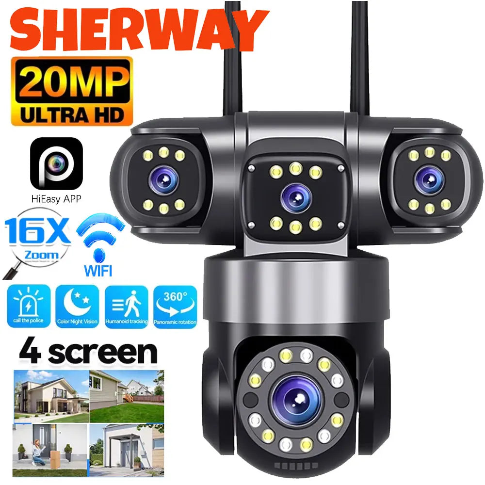 10K 20MP Home Security Outdoor WiFi Camera 4 Lens 4 Screen 360° 16X Zoom CCTV Wireless Surveillance PTZ Cam Security Protection by MVEnergo