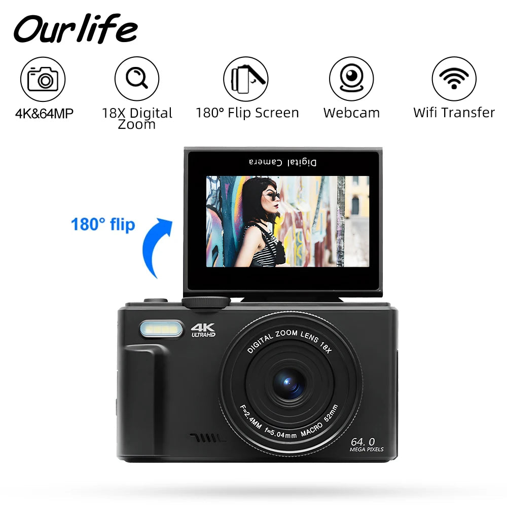 Compact Digital Photography Camera 4K 18X Digital Zoom Vintage Vlog Video Recorder YouTube 180° Flip Screen Selfile WiFi Web Cam by MVEnergo