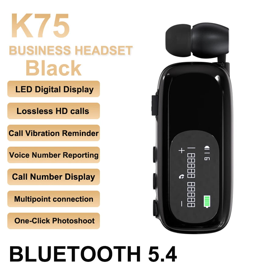 K75 Lavalier Business Headset Bluetooth 5.4 Bass Earphone HD Call Vibration Reminder+Voice Number Reporting Wireless Headphone by MVEnergo
