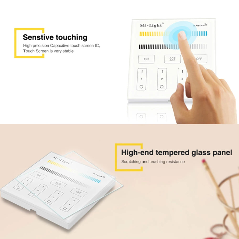MiBoxer T2 AC100-240V 4-Zone 2.4GHz 86Touch Panel Remote Switch Color Temperature Brightness Controller  For LED Lamp/Strip/FCOB
