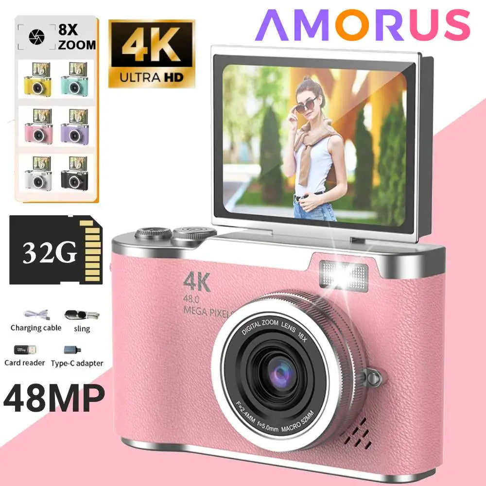 4K Digital Camera CCD 180° Flip Screen Selfie Camera 8X Digital Zoom 48MP Portable Digital Photography Camera with 32G Card by MVEnergo