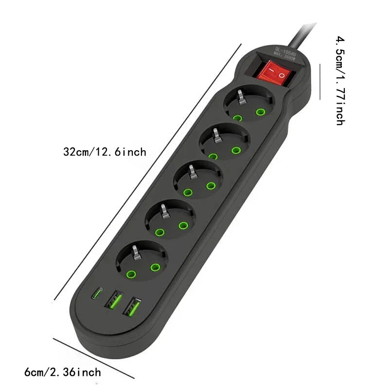 EU Plug Power Strip 2/3/4/5 Outlet Multitap Extension 10A with 2 USB 1 Type-C Ports 2m Cord Electrical Socket 2500W Fast Charge by MVEnergo
