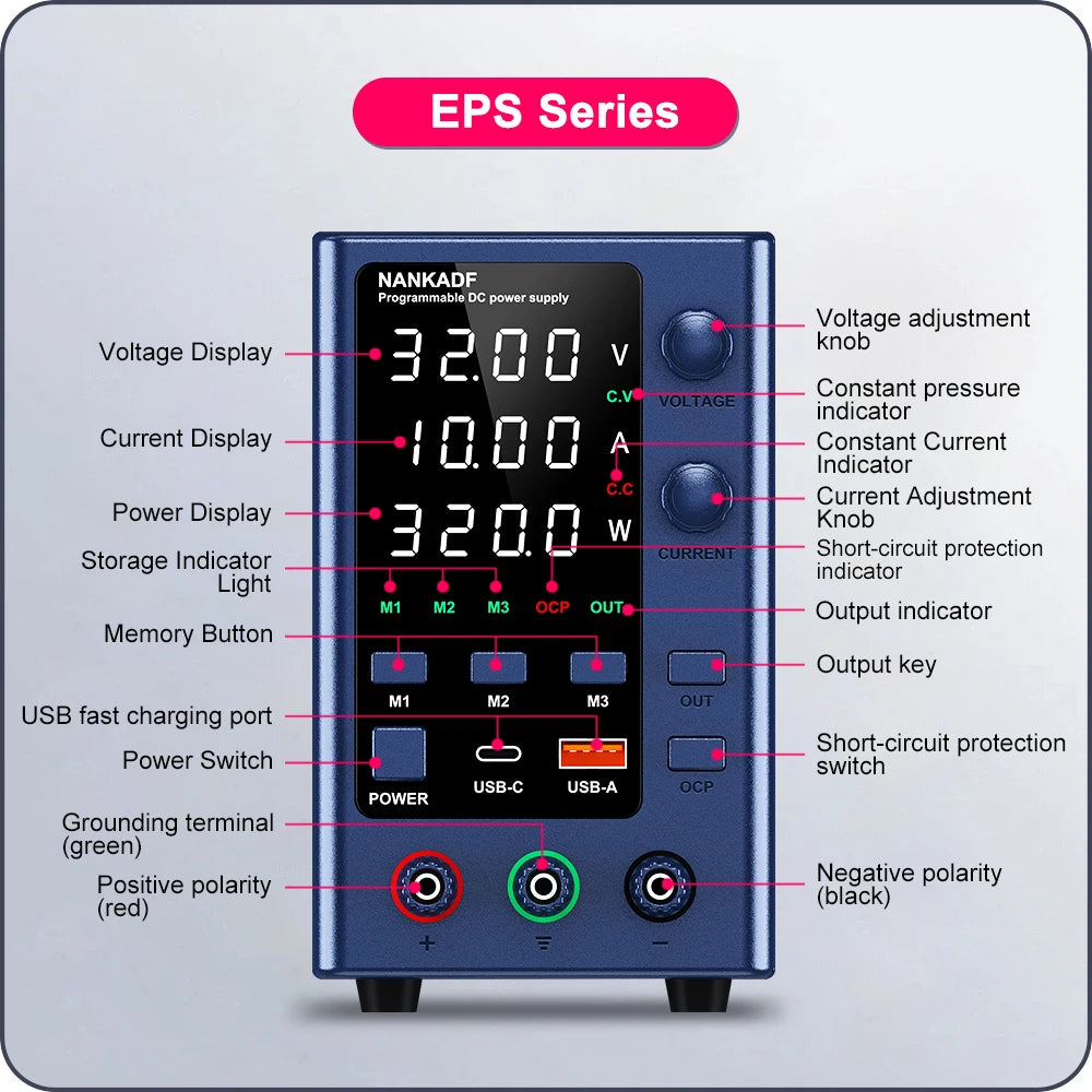 NANKADF Adjustable Switching DC Power Supply 30V 10A Lab Bench Power Supply 60V 5A Output Preset Current USB Fast Charge Display by MVEnergo