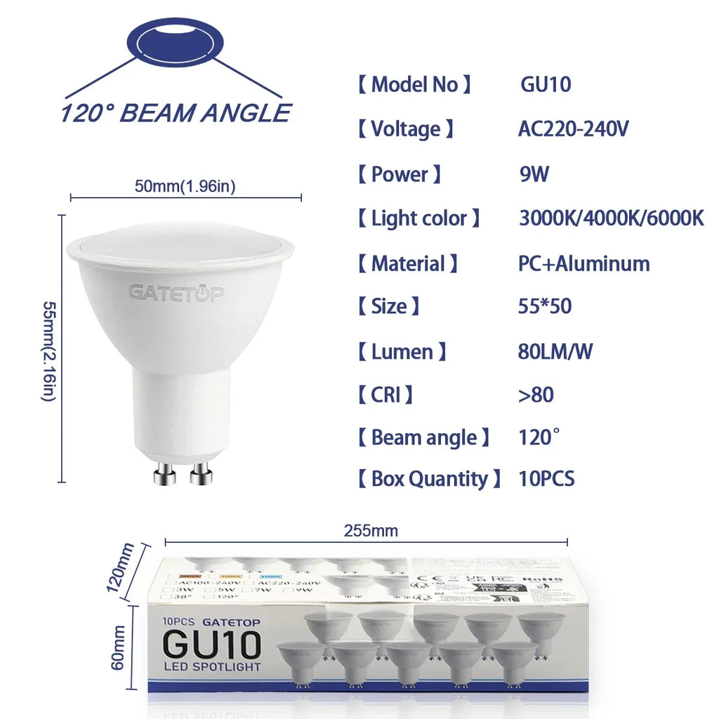 10 Pack Focos Gu10 SpotlightLampara 220V Lled Bulb  Wholesale 9W White Warm 3000k 6000K suitable for Home Commercial Buildings