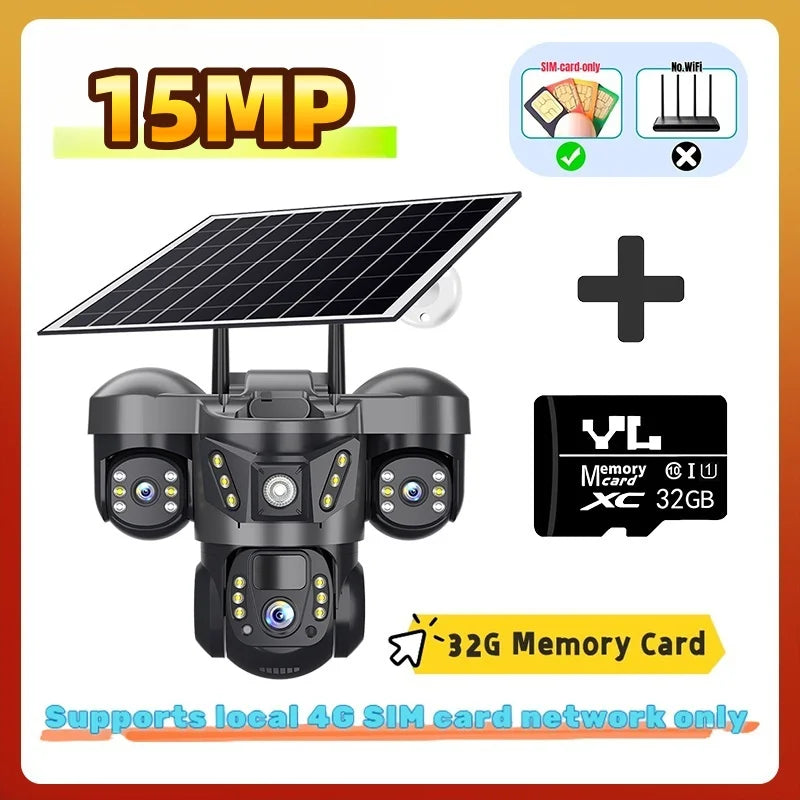15MP 10X Zoom Triple Lens 4G Solar Camera Outdoor Triple Screen CCTV PIR Motion Detection Security Surveillance V380 Pro Camera by MVEnergo