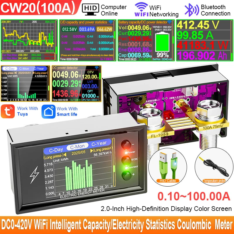 CW20 DC0-420V WiFi Tuya Smart Digital Lithium Battery Capacity Detection Tester DC Display  Voltage Current Power Coulomb Meter