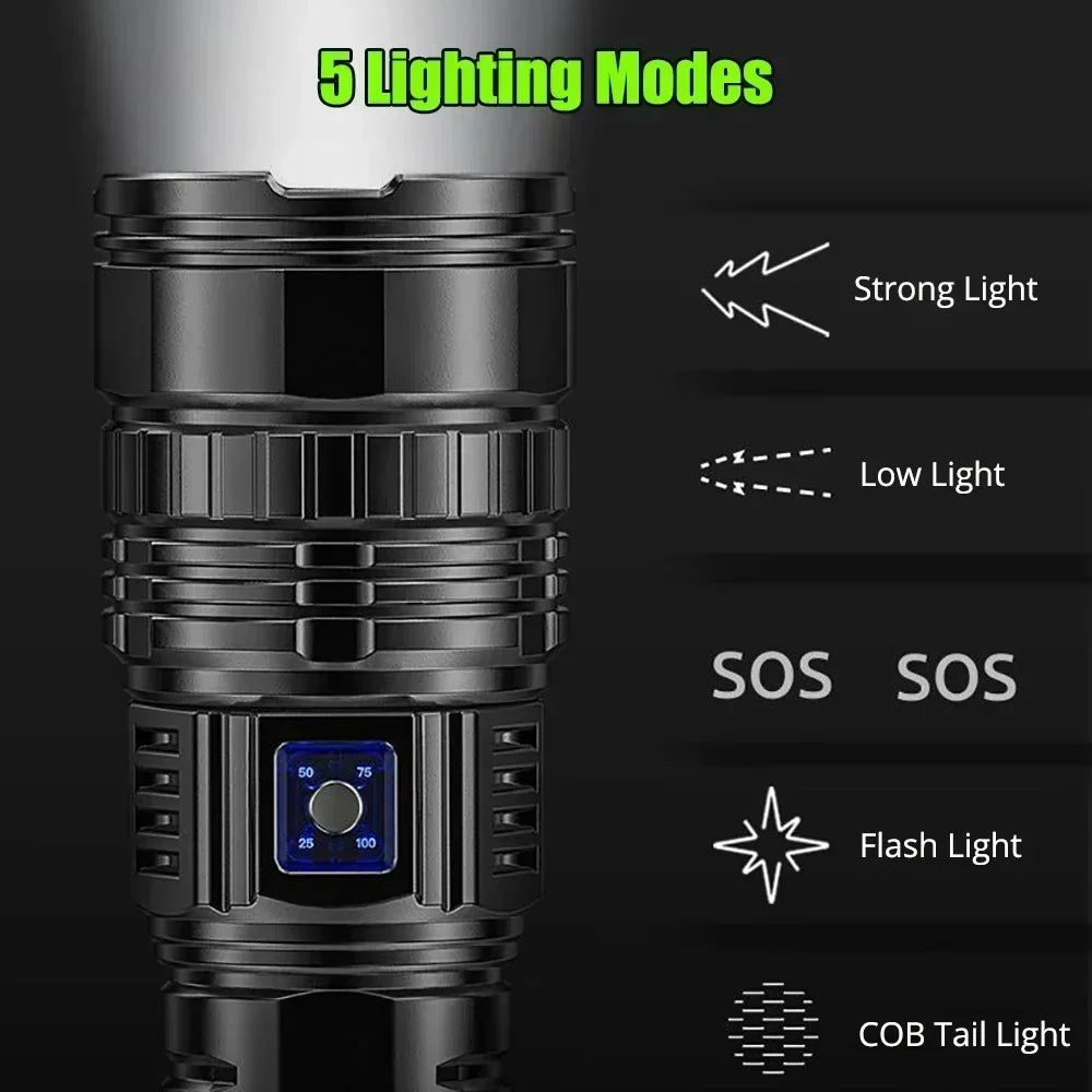 Ultra Bright LED Flashlight Powerful Tactical Torch 15000mah Built-in Battery Emergency Camping Spotlights With Tail Light by MVEnergo
