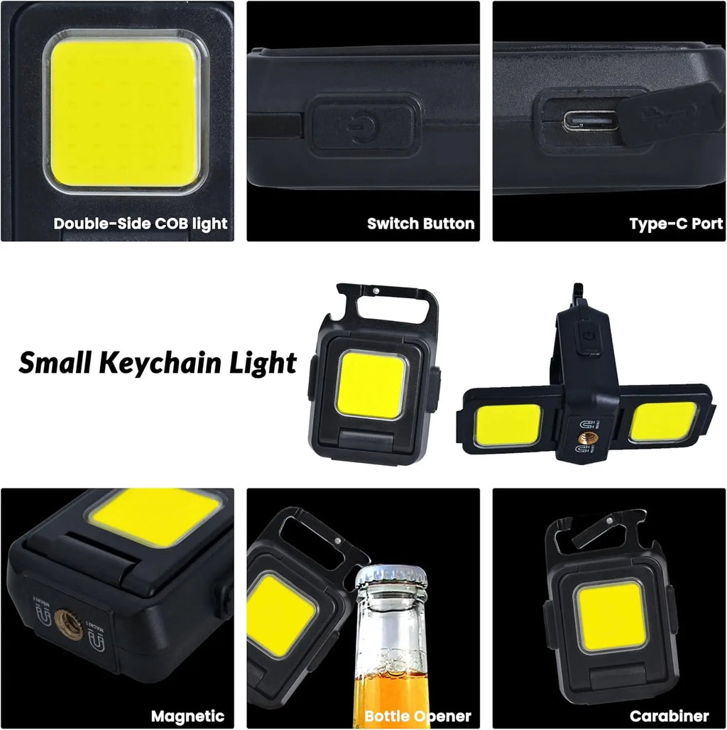 Mini Flashlight Keychain Light COB Work Light USB Rechargeable Lamp with 90° Foldable Side Lights Super Bright Portable Lanterns by MVEnergo