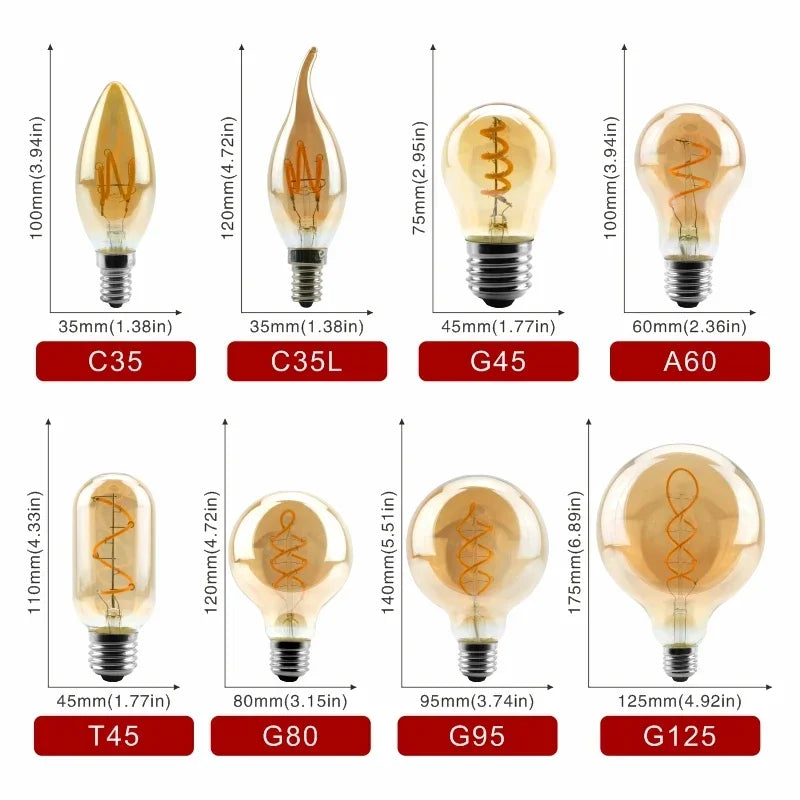 E14 E27 Retro LED Spiral Filament Light Bulb 4W Warm Yellow 220V C35 A60 T45 ST64 T185 T225 G80 G95 G125 Vintage Edison Lamp by MVEnergo