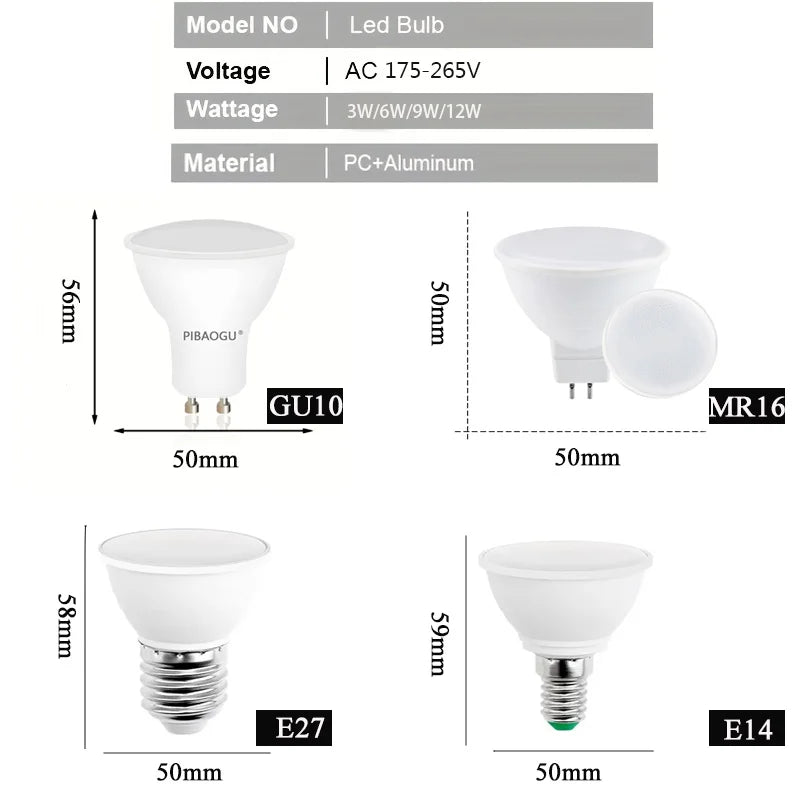 10pcs GU10 E27 E14 MR16 GU5.3  Lampada LED Bulb 3W 6W 9W 12W 220V Bombillas LED Lamp Spotlight Lampara Spot Light Home lighting