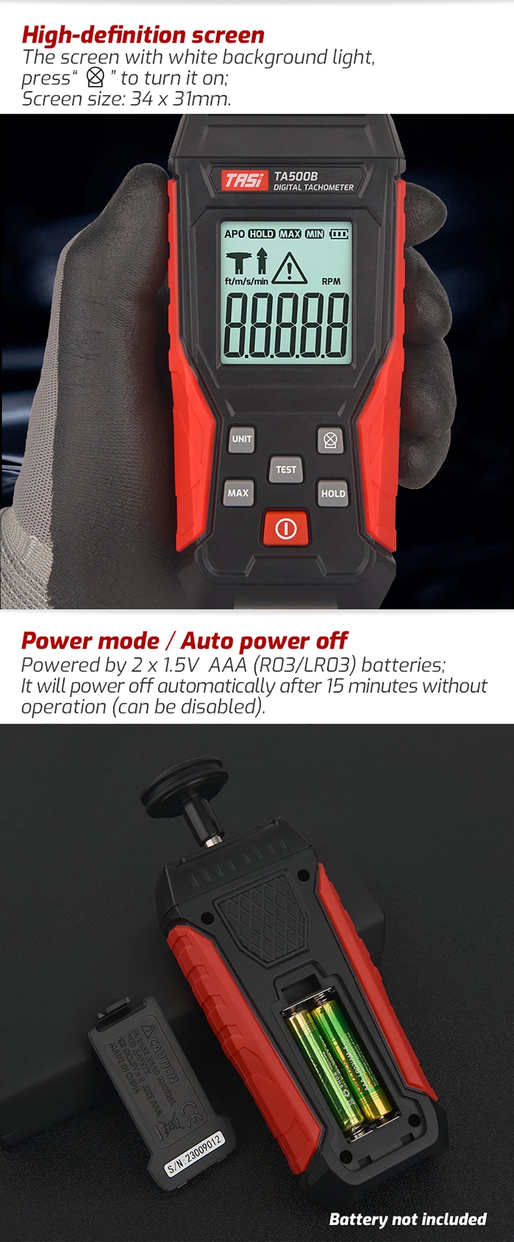 TASI TA500A/B/C Tachometer Contact&Non-contact Digital Tachometer Laser Photo Tachometer High Accuracy Max 100000 RPM Tachometer