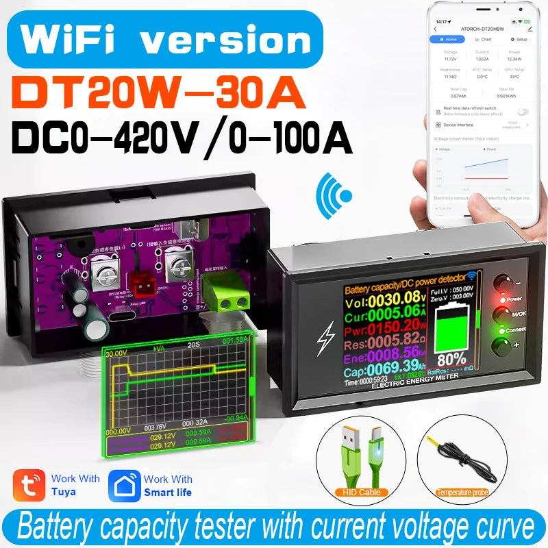 DT20W 0-420V Tuya WiFi Smart Lithium Battery Capacity Detection Tester DC digital Display Current Voltage Coulomb Power Meter