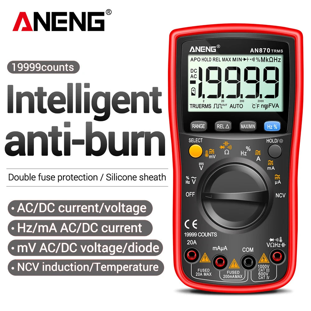 ANENG AN870 Profesional Digital Multimeter 19999 Counts True Rms AC/DC Voltage Current NCV Transistor Accurate Auto Range Tester by MVEnergo