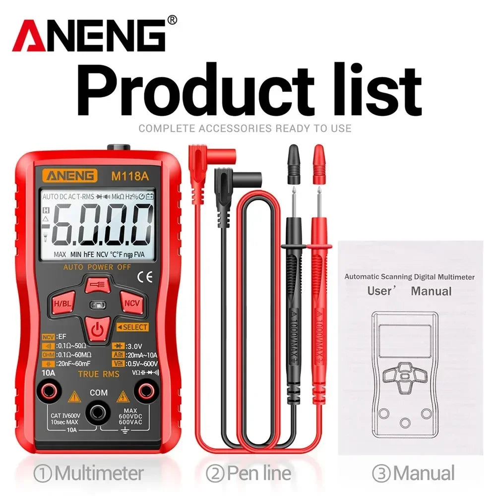 Digital Mini Multimeter 6000 Counts ANENG Auto Mmultimetro DC/AC Voltage Tester Tranistor Meter NCV Data Hold Flashlight M118A by MVEnergo