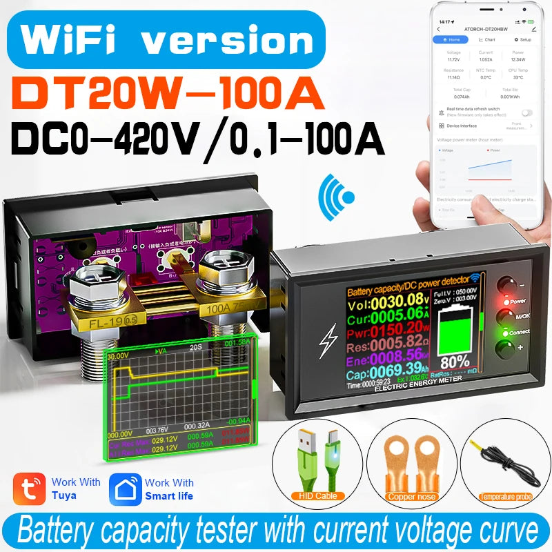 DT20W 0-420V Tuya WiFi Smart Lithium Battery Capacity Detection Tester DC digital Display Current Voltage Coulomb Power Meter