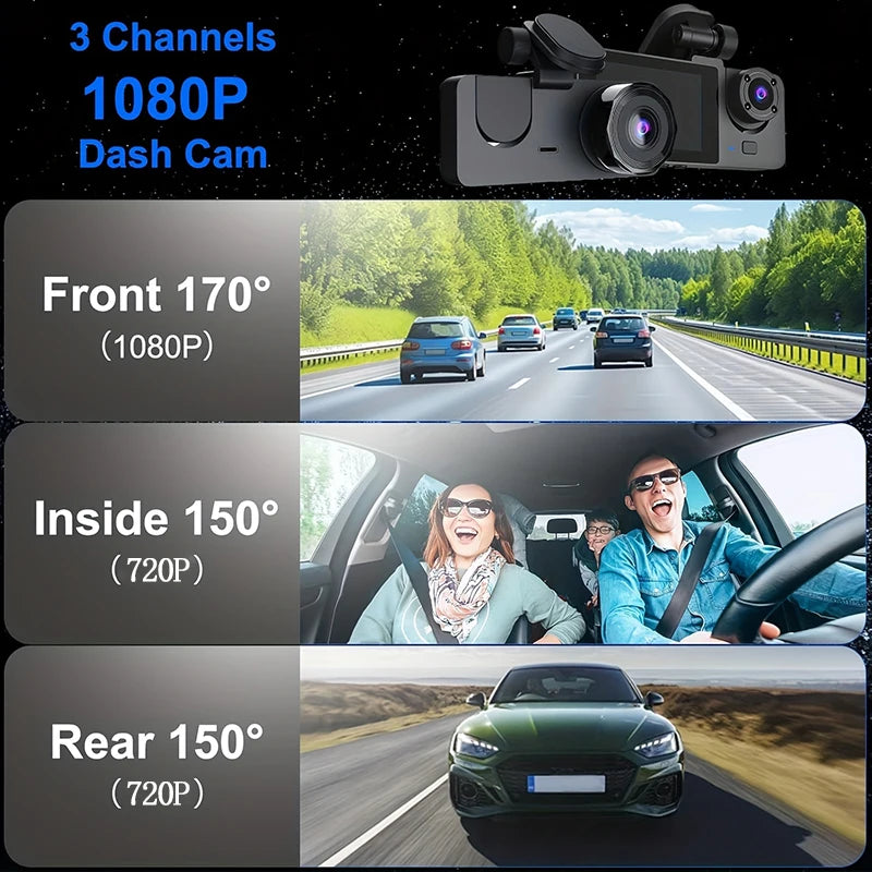 Triple Lens WiFi Dashcam 2/3 Channel Car Camera 1080P HD Video Recorder, Night Vision Car DVR with Wide Angle for Front and Rea by MVEnergo