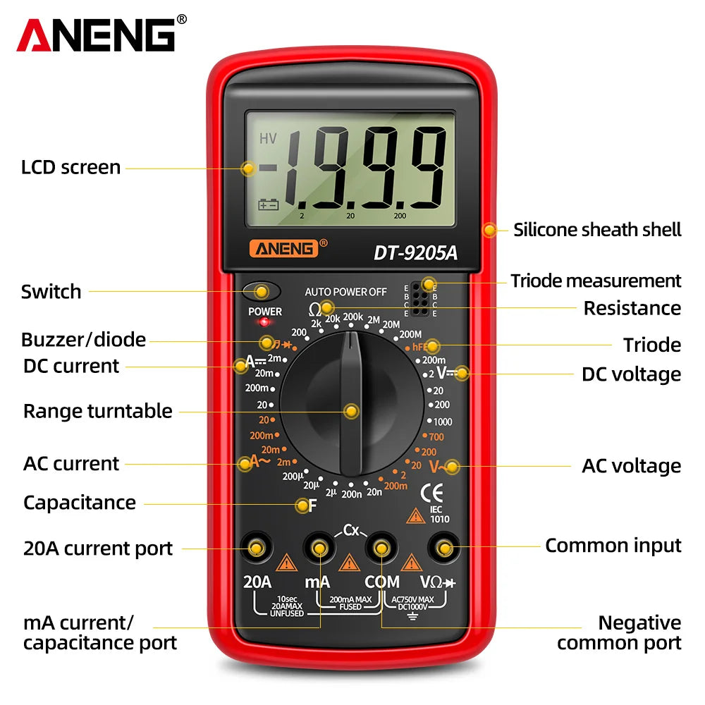 ANENG DT9205A Digital Profesional Multimeter AC/DC Voltage Current Test Capacitance NCV Resistance Ohm Electrical Test Meter Too by MVEnergo