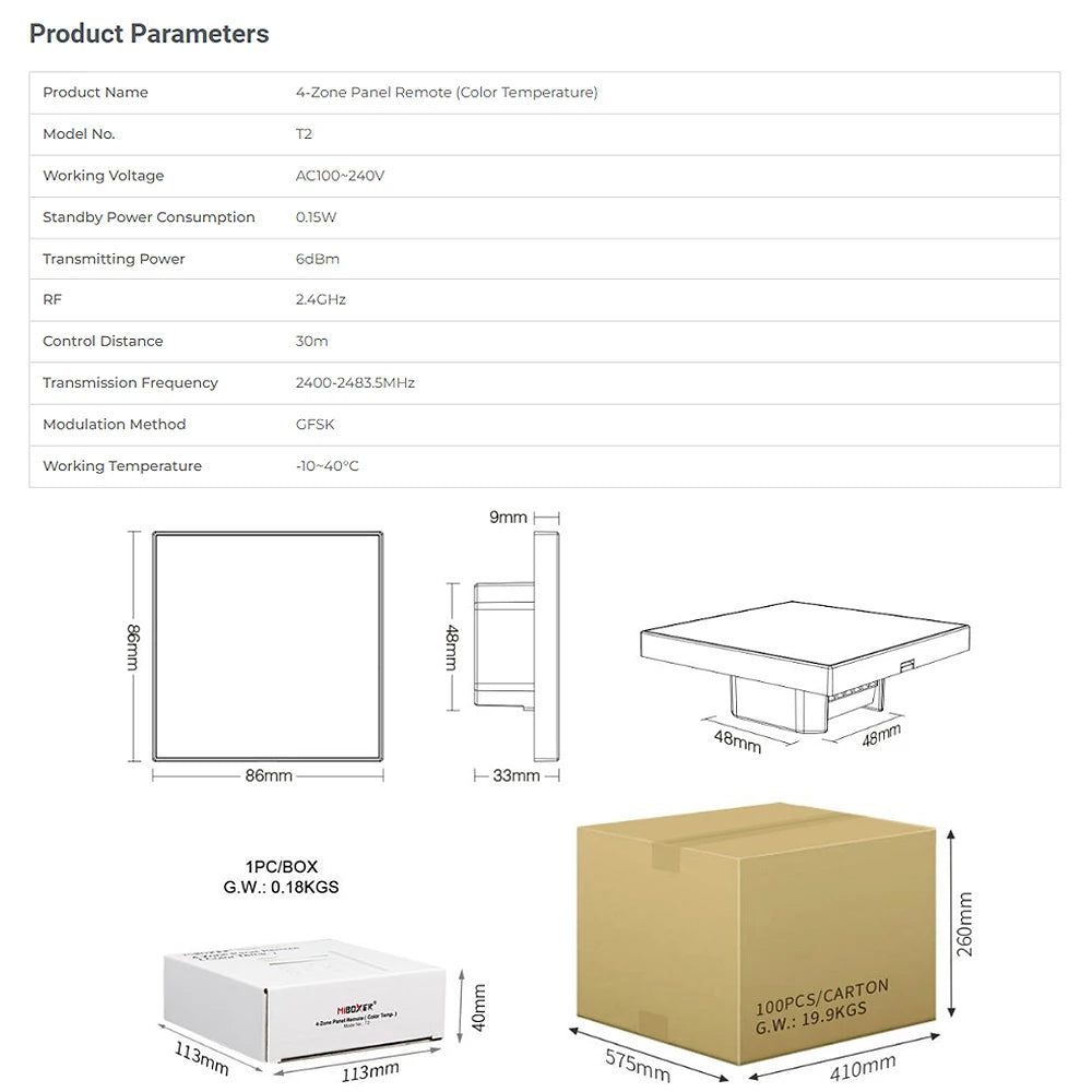 MiBoxer T2 AC100-240V 4-Zone 2.4GHz 86Touch Panel Remote Switch Color Temperature Brightness Controller  For LED Lamp/Strip/FCOB