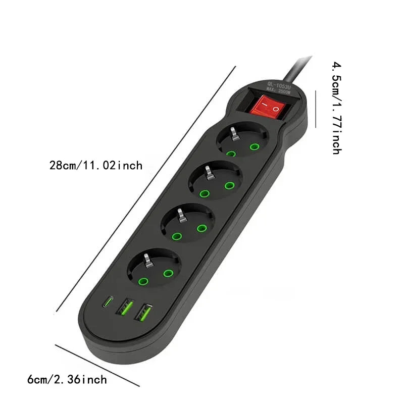EU Plug Power Strip 2/3/4/5 Outlet Multitap Extension 10A with 2 USB 1 Type-C Ports 2m Cord Electrical Socket 2500W Fast Charge by MVEnergo