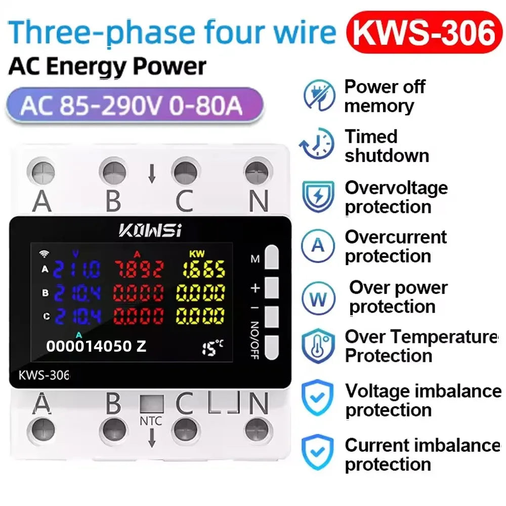AC 85-290V/80A Energy Power Meter Color Screen 3-phase 4-wire Rail Meter Voltmeter 6 Power-off Protection Meter Remote Control