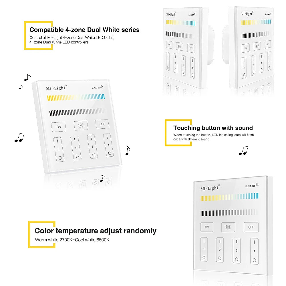 MiBoxer T2 AC100-240V 4-Zone 2.4GHz 86Touch Panel Remote Switch Color Temperature Brightness Controller  For LED Lamp/Strip/FCOB